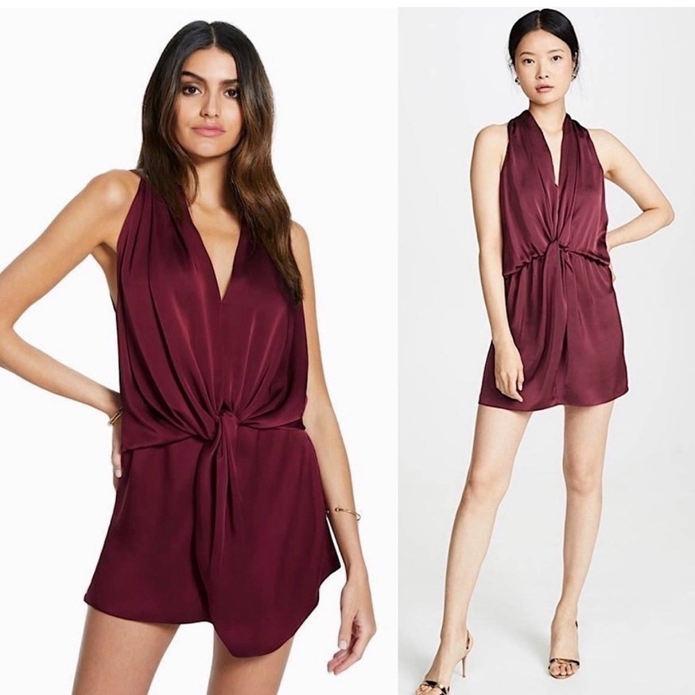 RAMY BROOK Burgundy Satin Draped Twist Front Sleeveless Racerback Mini Dress XS